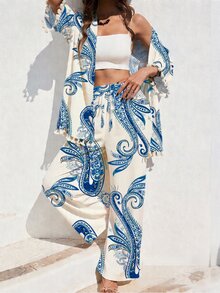 Breezaya 女士宽松波西米亚风格 2 件套，包含带有佩斯利花卉印花的开衫、流苏袖口、前开襟和阔腿裤，适合春夏假期 - 藍色 - 查看 6