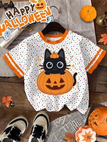 Halloween, Tween Girl Casual Minimalist Cute Textured Cartoon Pumpkin Cat Pattern, Colorful Polka Dots, Round Neck Short Sleeve T-Shirt Suitable For Summer Looks Of Party, Kawaii, Cute Tops - Multicolor - View 3