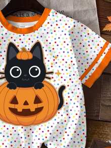 Halloween, Tween Girl Casual Minimalist Cute Textured Cartoon Pumpkin Cat Pattern, Colorful Polka Dots, Round Neck Short Sleeve T-Shirt Suitable For Summer Looks Of Party, Kawaii, Cute Tops - Multicolor - View 7