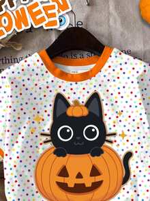 Halloween, Tween Girl Casual Minimalist Cute Textured Cartoon Pumpkin Cat Pattern, Colorful Polka Dots, Round Neck Short Sleeve T-Shirt Suitable For Summer Looks Of Party, Kawaii, Cute Tops - Multicolor - View 5