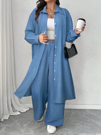 Elenzga Plus Size Pleated Textured Fabric Collared Long Sleeve Long Shirt And Loose Straight Leg Pants Casual Outfit, 2pcs Set Fall