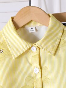 SHEIN Young Girls Floral Striped Print, Fresh Lightweight Design, Shirt, Collared Long Sleeve Loose Casual Shirt, Lemon Pattern, Spring/Autumn Yellow - Yellow - View 5