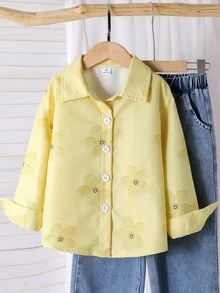 SHEIN Young Girls Floral Striped Print, Fresh Lightweight Design, Shirt, Collared Long Sleeve Loose Casual Shirt, Lemon Pattern, Spring/Autumn Yellow - Yellow - View 6