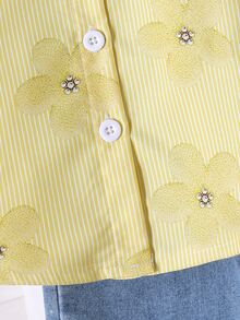 SHEIN Young Girls Floral Striped Print, Fresh Lightweight Design, Shirt, Collared Long Sleeve Loose Casual Shirt, Lemon Pattern, Spring/Autumn Yellow - Yellow - View 7