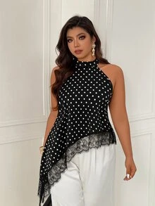 Femmeverse Plus Size Women Polka Dot Halter Neck Asymmetrical Ruffle Hem Sleeveless Top - Black and White - View 4