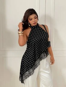 Femmeverse Plus Size Women Polka Dot Halter Neck Asymmetrical Ruffle Hem Sleeveless Top - Black and White - View 10