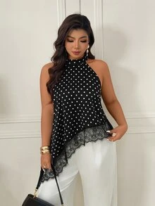 Femmeverse Plus Size Women Polka Dot Halter Neck Asymmetrical Ruffle Hem Sleeveless Top - Black and White - View 9