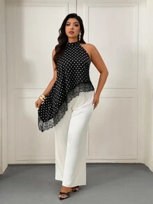 Femmeverse Plus Size Women Polka Dot Halter Neck Asymmetrical Ruffle Hem Sleeveless Top - Black and White - View 5