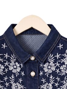 GlowEve Autumn Elegant Casual Vintage Cute Chic A Line Button Up Embroidered Flower Navy Blue Floral Daily Wear Denim Dress For Women Picnic - Dark Wash - View 7