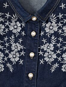 GlowEve Autumn Elegant Casual Vintage Cute Chic A Line Button Up Embroidered Flower Navy Blue Floral Daily Wear Denim Dress For Women Picnic - Dark Wash - View 8