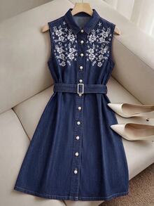 GlowEve Autumn Elegant Casual Vintage Cute Chic A Line Button Up Embroidered Flower Navy Blue Floral Daily Wear Denim Dress For Women Picnic - Dark Wash - View 1