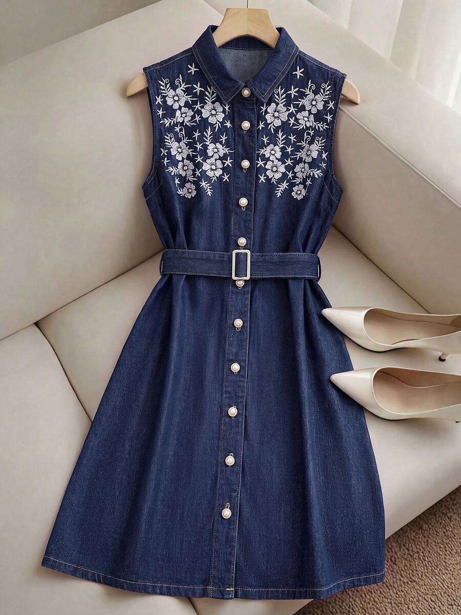 GlowEve Autumn Elegant Casual Vintage Cute Chic A Line Button Up Embroidered Flower Navy Blue Floral Daily Wear Denim Dress For Women Picnic - Dark Wash - View 1
