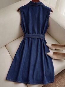 GlowEve Autumn Elegant Casual Vintage Cute Chic A Line Button Up Embroidered Flower Navy Blue Floral Daily Wear Denim Dress For Women Picnic - Dark Wash - View 2
