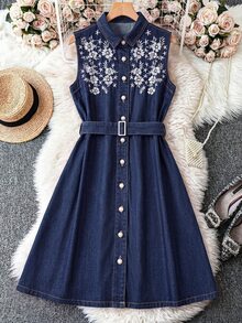 GlowEve Autumn Elegant Casual Vintage Cute Chic A Line Button Up Embroidered Flower Navy Blue Floral Daily Wear Denim Dress For Women Picnic - Dark Wash - View 6