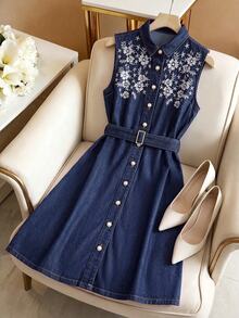 GlowEve Autumn Elegant Casual Vintage Cute Chic A Line Button Up Embroidered Flower Navy Blue Floral Daily Wear Denim Dress For Women Picnic - Dark Wash - View 3