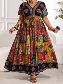 SHEIN CURVE+ Plus Size Shirred Patchwork Pattern Batwing Sleeve Fringed Dress Vacation Formal Black Summer Boho Bohemian - Multicolor - View 3