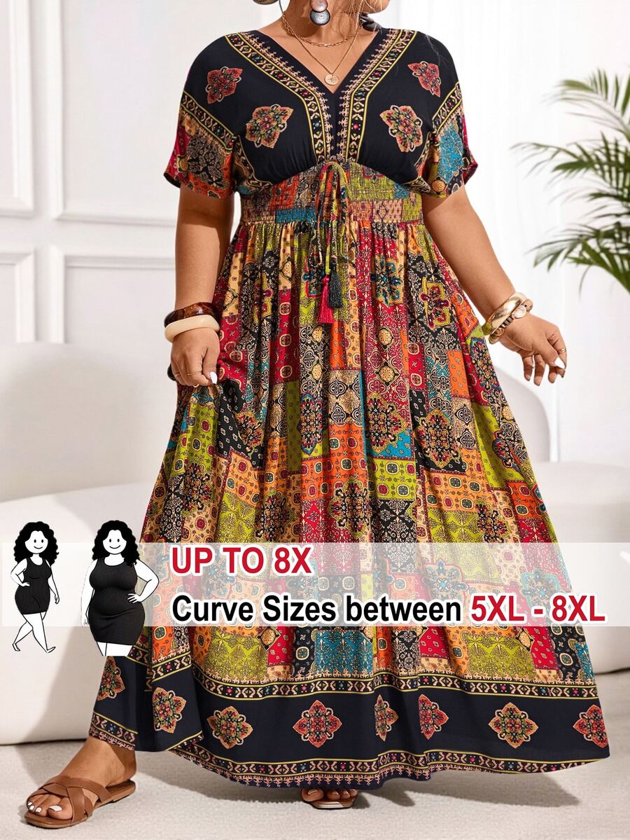 SHEIN CURVE+ Plus Size Shirred Patchwork Pattern Batwing Sleeve Fringed Dress Vacation Formal Black Summer Boho Bohemian - Multicolor - View 1