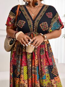 SHEIN CURVE+ Plus Size Shirred Patchwork Pattern Batwing Sleeve Fringed Dress Vacation Formal Black Summer Boho Bohemian - Multicolor - View 4