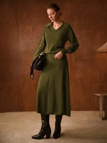 MOTF PREMIUM WOMEN'S AUTUMN/WINTER KNIT A-LINE LONG SKIRT - Olive Green - View 3