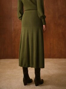 MOTF PREMIUM WOMEN'S AUTUMN/WINTER KNIT A-LINE LONG SKIRT - Olive Green - View 5