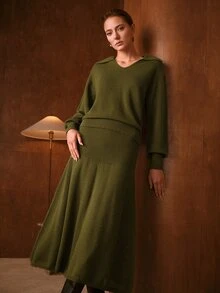MOTF PREMIUM WOMEN'S AUTUMN/WINTER KNIT A-LINE LONG SKIRT - Olive Green - View 4