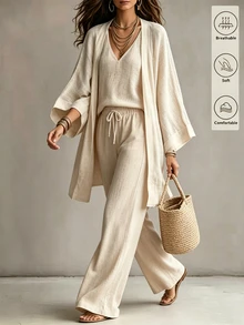 Breezaya 女款 2026 全冬休閒熱帶歐洲度假風米色外套、細肩帶背心與長褲三件套，秋冬穿搭 - 卡其色 - 查看 5