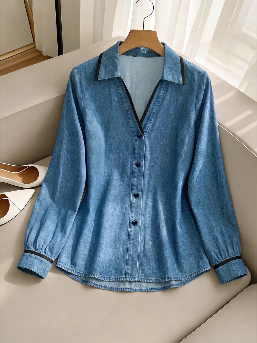 SHEIN Franclia Contrast Color Casual Outdoor Shirt, Minimalist Casual, Outdoor, Commute Office Work Blue Striped Autumn,Elegant Top,Seafoam Blue Patchwork - Blue - View 1