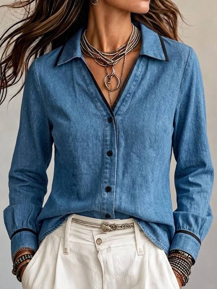 SHEIN Franclia Contrast Color Casual Outdoor Shirt, Minimalist Casual, Outdoor, Commute Office Work Blue Striped Autumn,Elegant Top,Seafoam Blue Patchwork - Blue - View 5
