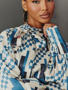 NYA SZN Women's Geometric Print Tie Neck Ruched Fitted Fashion Mini Dress - Blue - View 2