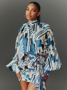NYA SZN Women's Geometric Print Tie Neck Ruched Fitted Fashion Mini Dress - Blue - View 5
