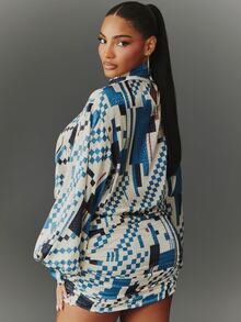 NYA SZN Women's Geometric Print Tie Neck Ruched Fitted Fashion Mini Dress - Blue - View 7