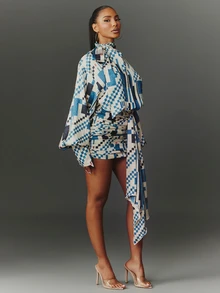NYA SZN Women's Geometric Print Tie Neck Ruched Fitted Fashion Mini Dress - Blue - View 3