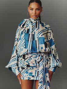 NYA SZN Women's Geometric Print Tie Neck Ruched Fitted Fashion Mini Dress - Blue - View 4