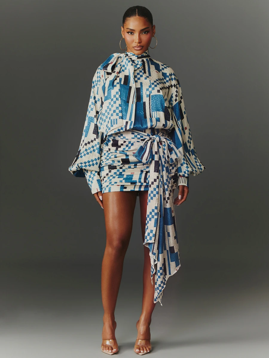 NYA SZN Women's Geometric Print Tie Neck Ruched Fitted Fashion Mini Dress - Blue - View 1