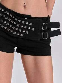 ROMWE Summer/Spring Y2K Millennium Style Rock Metal Rivet Decor Ultra Low Waist Skinny Denim Shorts - Black - View 1