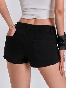 ROMWE Summer/Spring Y2K Millennium Style Rock Metal Rivet Decor Ultra Low Waist Skinny Denim Shorts - Black - View 4