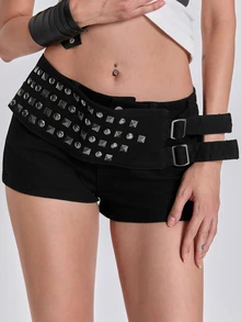 ROMWE Summer/Spring Y2K Millennium Style Rock Metal Rivet Decor Ultra Low Waist Skinny Denim Shorts - Black - View 3