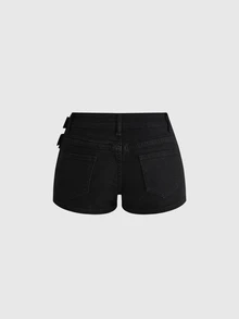 ROMWE Summer/Spring Y2K Millennium Style Rock Metal Rivet Decor Ultra Low Waist Skinny Denim Shorts - Black - View 8
