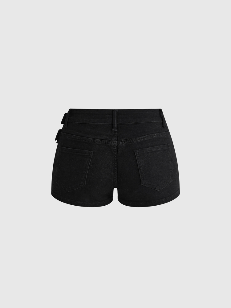 ROMWE Summer/Spring Y2K Millennium Style Rock Metal Rivet Decor Ultra Low Waist Skinny Denim Shorts - Black - View 8