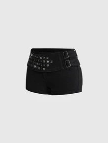 ROMWE Summer/Spring Y2K Millennium Style Rock Metal Rivet Decor Ultra Low Waist Skinny Denim Shorts - Black - View 7
