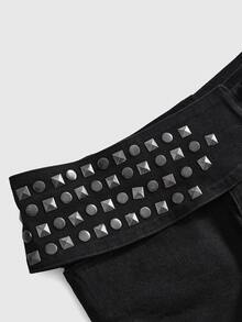 ROMWE Summer/Spring Y2K Millennium Style Rock Metal Rivet Decor Ultra Low Waist Skinny Denim Shorts - Black - View 9