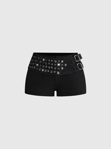ROMWE Summer/Spring Y2K Millennium Style Rock Metal Rivet Decor Ultra Low Waist Skinny Denim Shorts - Black - View 6