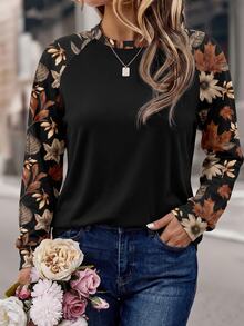 EMERY ROSE 秋冬休閒浪漫楓葉印花對比色黑色圓領插肩袖長袖大尺碼女款衛衣，秋冬衛衣，黑色衛衣 - 黑色 - 查看 8