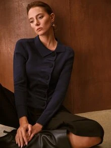 MOTF PREMIUM WOMEN SOLID RUCHED BUTTON PLACKET SLIM FIT CARDIGAN - Royal Blue - View 2
