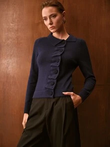 MOTF PREMIUM WOMEN SOLID RUCHED BUTTON PLACKET SLIM FIT CARDIGAN - Royal Blue - View 6