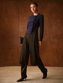 MOTF PREMIUM WOMEN SOLID RUCHED BUTTON PLACKET SLIM FIT CARDIGAN - Royal Blue - View 5