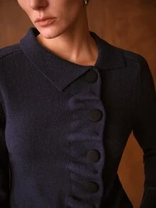 MOTF PREMIUM WOMEN SOLID RUCHED BUTTON PLACKET SLIM FIT CARDIGAN - Royal Blue - View 1