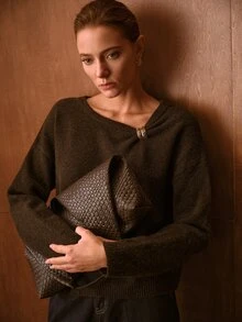 MOTF PREMIUM AUTUMN/WINTER SOFT & COZY WOOL BLEND KNIT ASYMMETRICAL ROUND NECK RHINESTONE BUTTON DECOR LOOSE CHOCOLATE COLOR PULLOVER SWEATER - Chocolate Brown - View 5