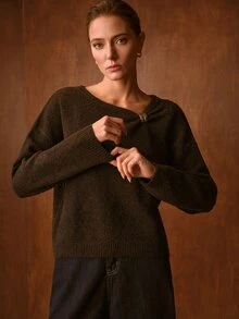 MOTF PREMIUM AUTUMN/WINTER SOFT & COZY WOOL BLEND KNIT ASYMMETRICAL ROUND NECK RHINESTONE BUTTON DECOR LOOSE CHOCOLATE COLOR PULLOVER SWEATER - Chocolate Brown - View 7