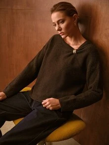 MOTF PREMIUM AUTUMN/WINTER SOFT & COZY WOOL BLEND KNIT ASYMMETRICAL ROUND NECK RHINESTONE BUTTON DECOR LOOSE CHOCOLATE COLOR PULLOVER SWEATER - Chocolate Brown - View 1